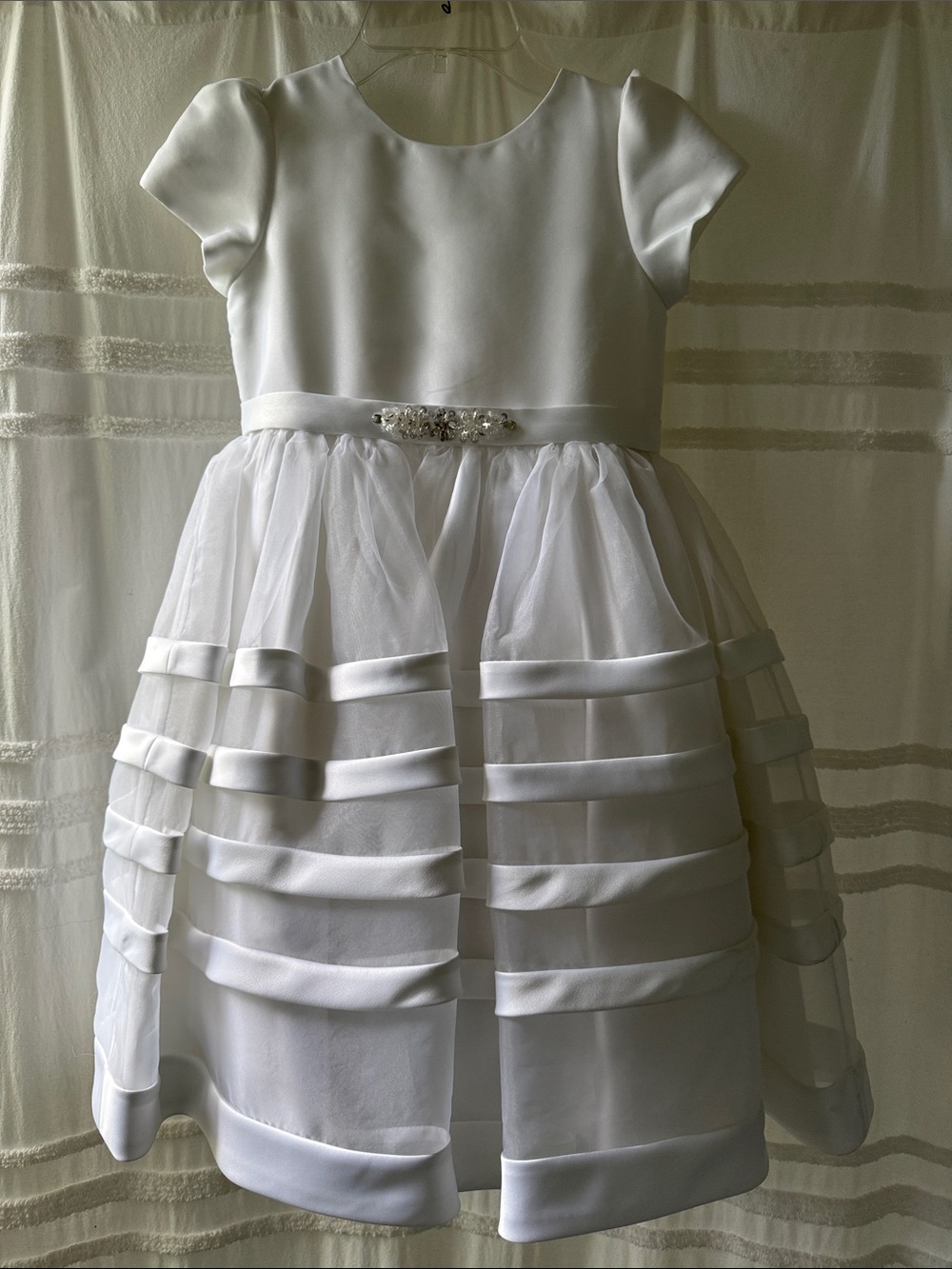 White Girls' Satin & Organza First Communion, Flower Girl Dress w/ Beaded Waist
